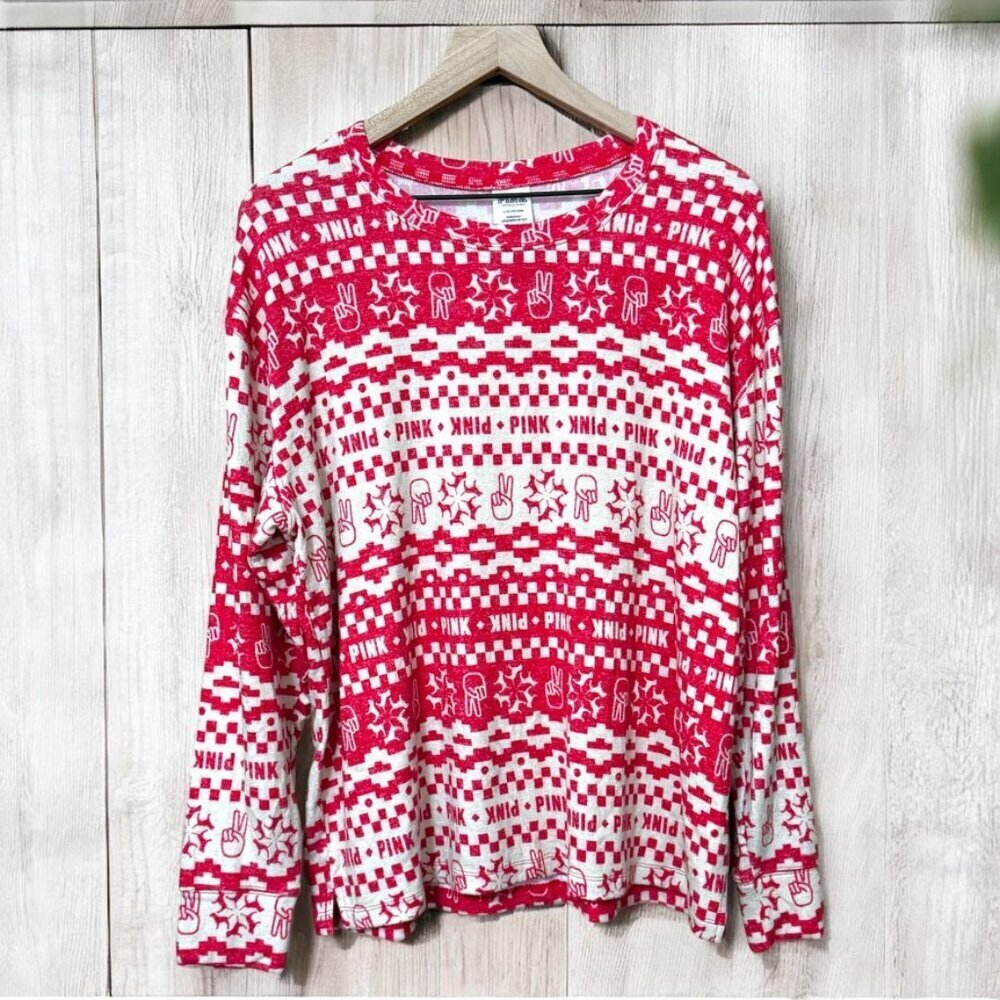 PINK Victoria's Secret Red Christmas Long sleeve Sleepwear Top New With Tags L